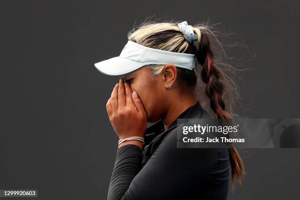 Destanee Aiava of Australia reacts in her Women's Singles 2nd round match against Laura Siegemund of Germany during day three of the WTA 500...