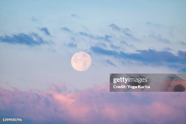 full moon over pink clouds - full moon stock pictures, royalty-free photos & images