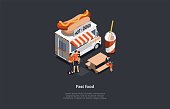 Fast Food Concept Illustration In Cartoon 3D Style. Isometric Composition. Dark Background And Text. Family Standing Together, Woman Working At Laptop Sitting. Hot Dogs Van With Sausage, Bevarage Cup
