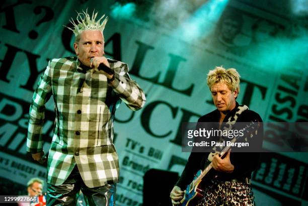 British punk band The Sex Pistols with lead singer Johnny Rotten and guitarist Steve Jones during their reunion concert at Finsbury Park, London,...