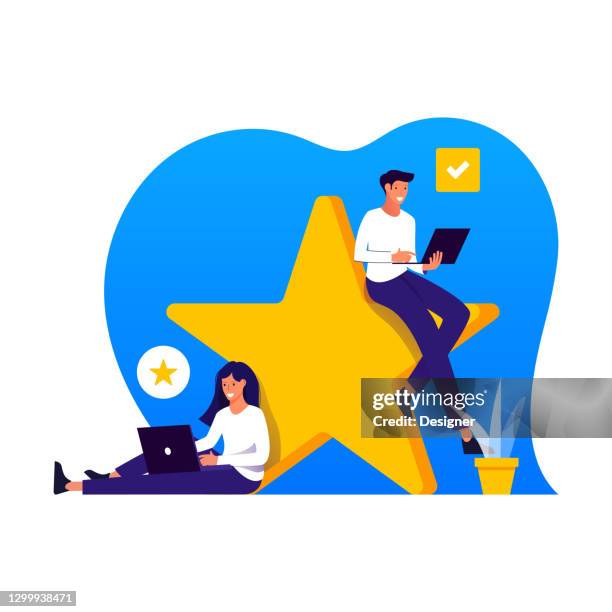 umfrage und testimonials concept vector illustration für website banner, werbe- und marketingmaterial, online-werbung, business presentation etc. - service excellence cartoon stock-grafiken, -clipart, -cartoons und -symbole