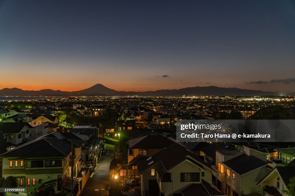 Mt. Fuji and the residential district by the sea in Kanagawa prefecture of Japan