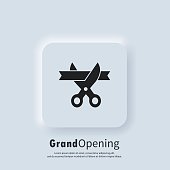 Grand opening icon. Scissors cutting ribbon. Vector. UI icon. Opening icon in simple design. Inauguration symbol. Neumorphic UI UX white user interface web button. Neumorphism style.