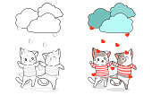 Cute couple cat are enjoying rain of love cartoon coloring page
