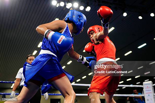 Erika Cruz of Mexico fights against Adriana Araujo of Brazil during the Woman's Light Welter 57-60 kg in the 2011 XVI Pan American Games at the Arena...