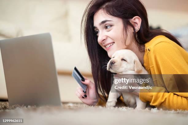 young woman with puppy at home - dog pad stock pictures, royalty-free photos & images