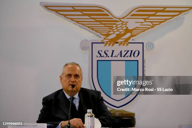 Lazio President Claudio Lotito speaks during the press conference as SS Lazio Women unveil Carolina Morace as new team coach at the Olimpico stadium...