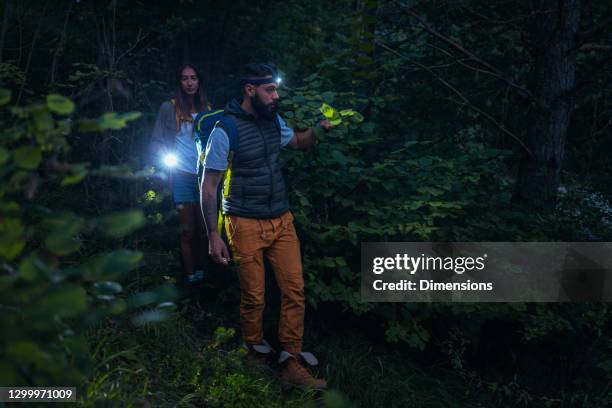 two hikers wandering with flashlights - flash light stock pictures, royalty-free photos & images