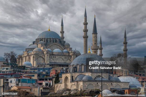 the rustempasa and suleymaniye mosques, eminonu, istanbul. - süleymaniye moskee stockfoto's en -beelden