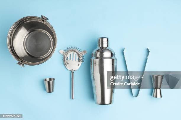 cocktail bar silverware tools - alcohol top view stock pictures, royalty-free photos & images