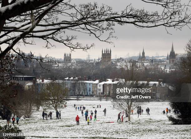 Oxford University spires, viewed from South Park, Oxford after snow fall, 24th January 2021, Oxford England.