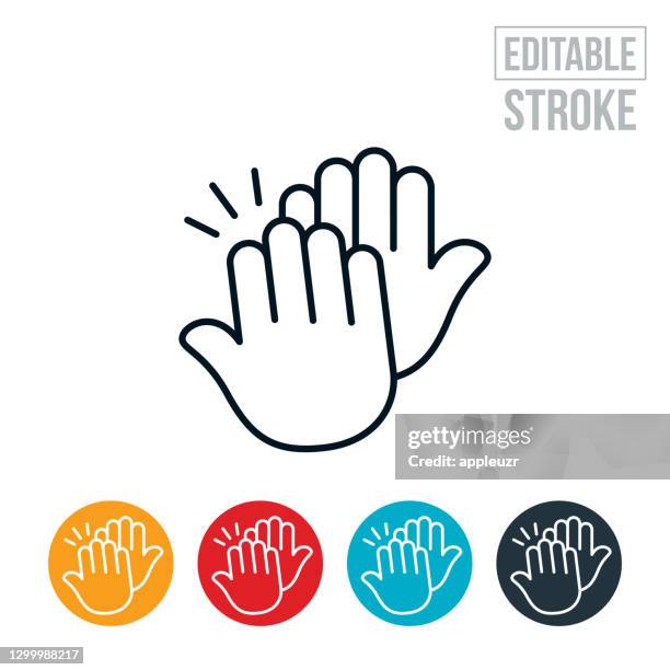 stockillustraties, clipart, cartoons en iconen met twee handen geven high five thin line pictogram - bewerkbare lijn - high five