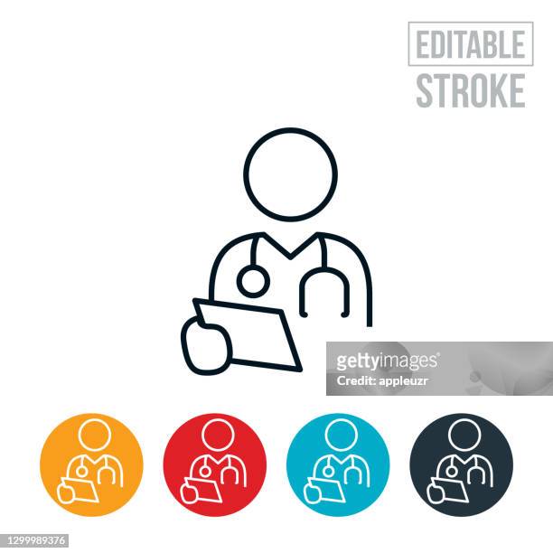 doctor reviewing patient medical chart thin line icon - editable stroke - doctor stock illustrations