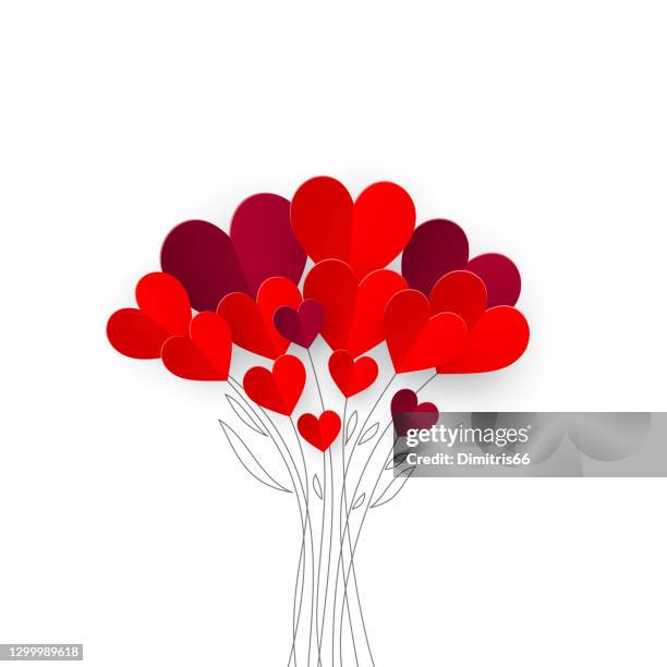 bouquet of origami hearts on top of hand-drawn branches on white background - origami flower stock illustrations