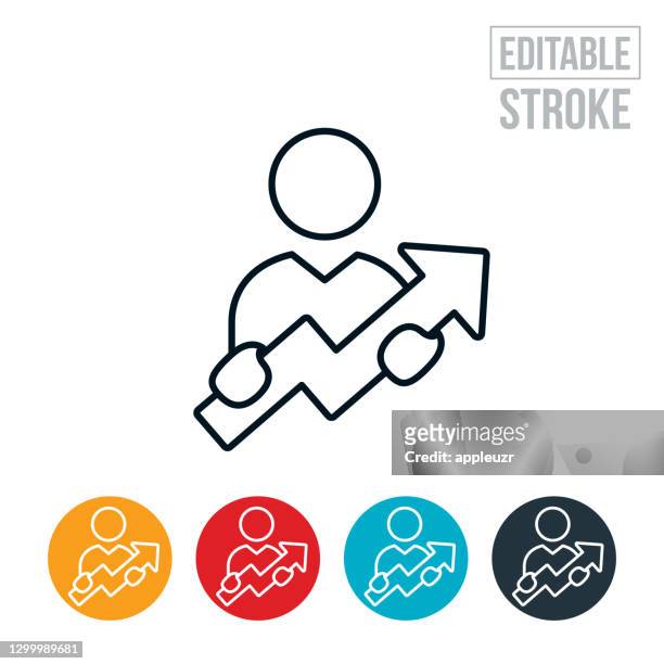 business person holding an upwards arrow thin line icon - editable stroke - confidence icon stock illustrations