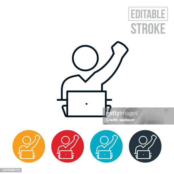business person closing deal at computer thin line icon - editable stroke - fist pump stock illustrations