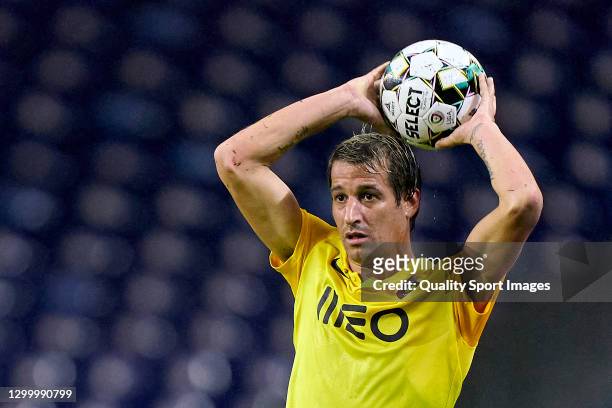 Fabio Coentrao of Rio Ave FC takes a throw in during the Liga NOS match between FC Porto and Rio Ave FC at Estadio do Dragao on February 01, 2021 in...