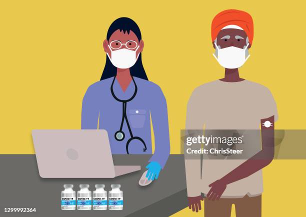 covid-19 vaccine for indian man - nhs nurse stock illustrations