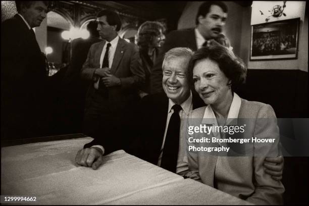Married couple, former President Jimmy Carter and former First Lady Rosalynn Carter pose for photographers during a book signing event, San...