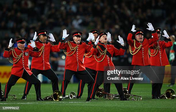 The brass band performs a pre match Haka during the 2011 IRB Rugby World Cup Final match between France and New Zealand at Eden Park on October 23,...