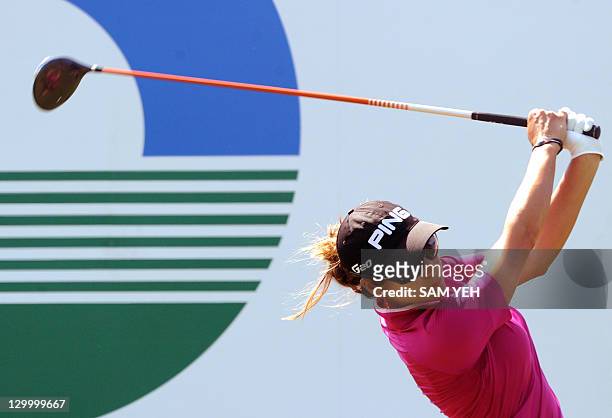 Azahara Munoz of Spain tees off on the first hole during the forth round of the Sunrise LPGA Taiwan Championship golf tournament in Yangmei, northern...