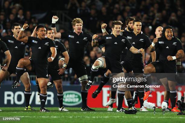 The All Blacks perform the haka during the 2011 IRB Rugby World Cup Final match between France and New Zealand at Eden Park on October 23, 2011 in...