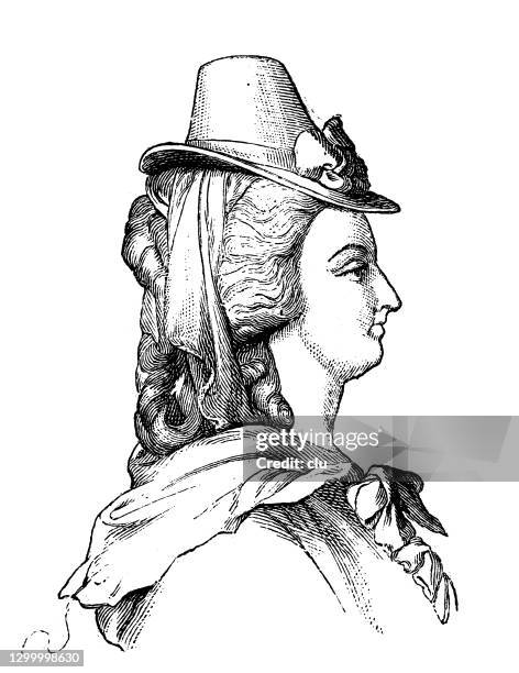 marie antoinette portrait, suit on the run - queens head stock illustrations