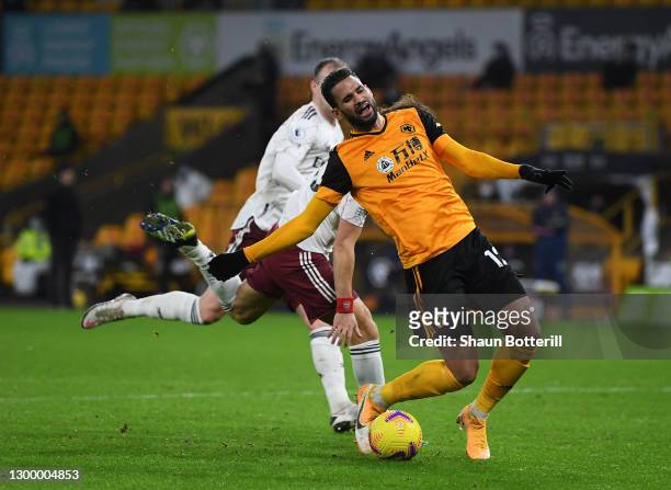 Willian Jose of Wolverhampton Wanderers is fouled by David Luiz of Arsenal in the box which later leads to a penalty during the Premier League match...