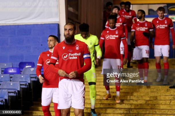 Lewis Grabban of Nottingham Forest leads his team out prior to the Sky Bet Championship match between Coventry City and Nottingham Forest at St...