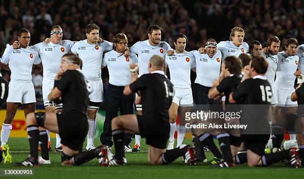 The France team confront the All Black Haka during the 2011 IRB Rugby World Cup Final match between France and New Zealand at Eden Park on October...