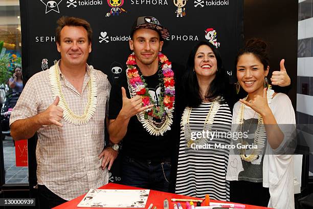 Tokidoki co-founders Ivan Arnold and Simone Legno, Pooneh Mohajer and Tokidoki creative manager Kaori Matsumoto are seen during an event at Sephora...