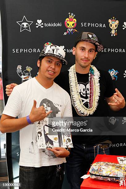 Levi Viloria and Tokidoki creator Simone Legno are seen at Sephora at the Ala Moana Center on October 22, 2011 in Honolulu, Hawaii. Legno made a...