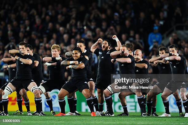 Piri Weepu of the All Blacks leads his team in performing the pre match haka during the 2011 IRB Rugby World Cup Final match between France and New...