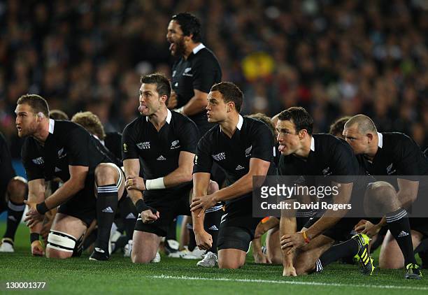 The All Black players perform the pre match Haka during the 2011 IRB Rugby World Cup Final match between France and New Zealand at Eden Park on...