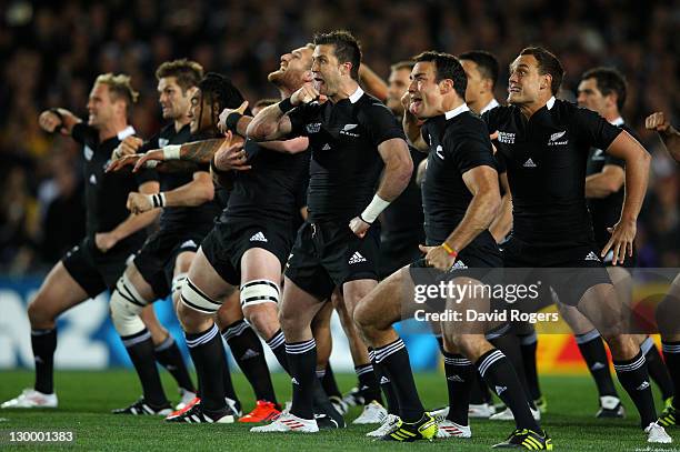 The All Black players perform the pre match Haka during the 2011 IRB Rugby World Cup Final match between France and New Zealand at Eden Park on...