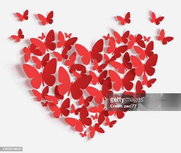 heart of red paper butterflies - romanticism art stock illustrations