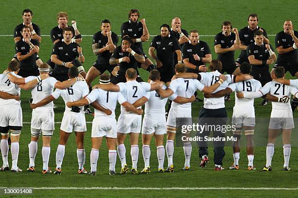 The All Blacks perform the Haka during the 2011 IRB Rugby World Cup Final match between France and New Zealand at Eden Park on October 23, 2011 in...
