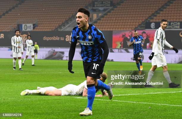 Lautaro Martinez of FC Internazionale celebrates after scoring the opening goal during the Coppa Italia semi-final match between FC Internazionale...