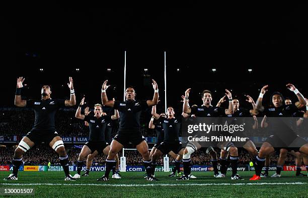 The All Blacks perform the haka during the 2011 IRB Rugby World Cup Final match between France and New Zealand at Eden Park on October 23, 2011 in...