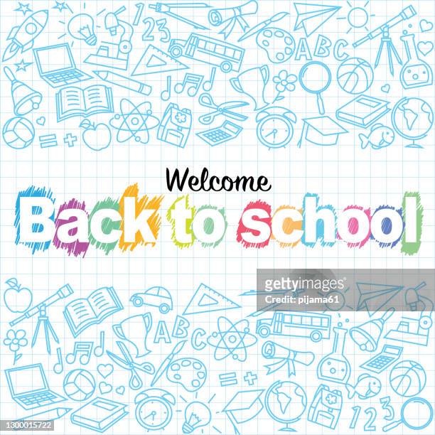 ilustrações de stock, clip art, desenhos animados e ícones de back to school doodles in chalkboard background - edifício escolar