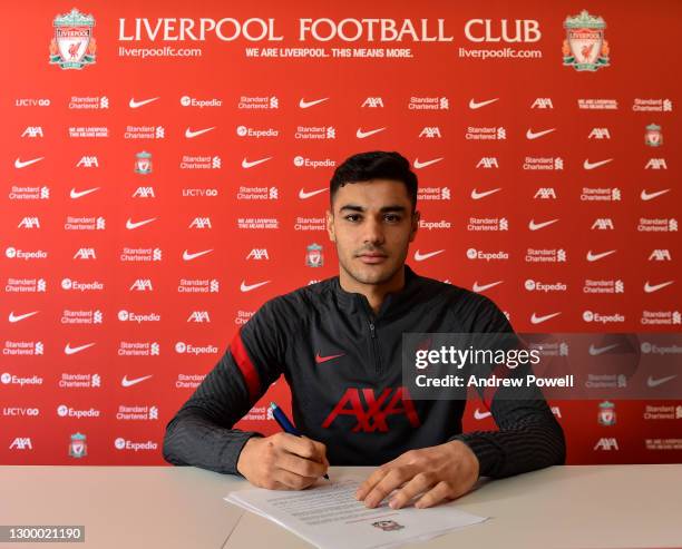 Ozan Kabak new signing of Liverpool at AXA Training Centre on February 02, 2021 in Kirkby, England.