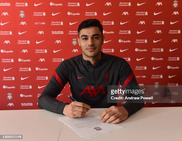 Ozan Kabak new signing of Liverpool at AXA Training Centre on February 02, 2021 in Kirkby, England.
