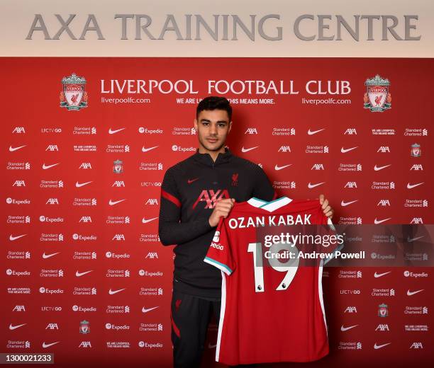 Ozan Kabak new signing of Liverpool at AXA Training Centre on February 02, 2021 in Kirkby, England.