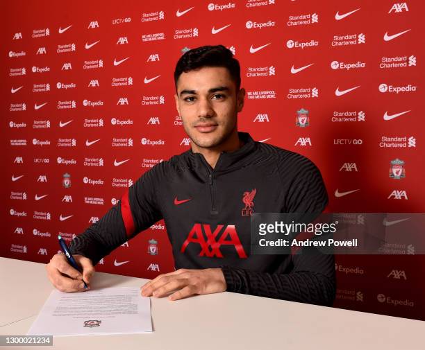 Ozan Kabak new signing of Liverpool at AXA Training Centre on February 02, 2021 in Kirkby, England.