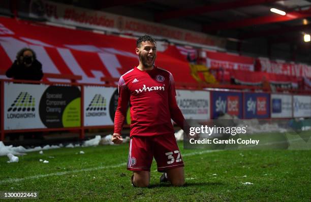 Dion Charles of Accrington celebrates scoring his 3rd goal during the Sky Bet League One match between Accrington Stanley and Bristol Rovers at The...