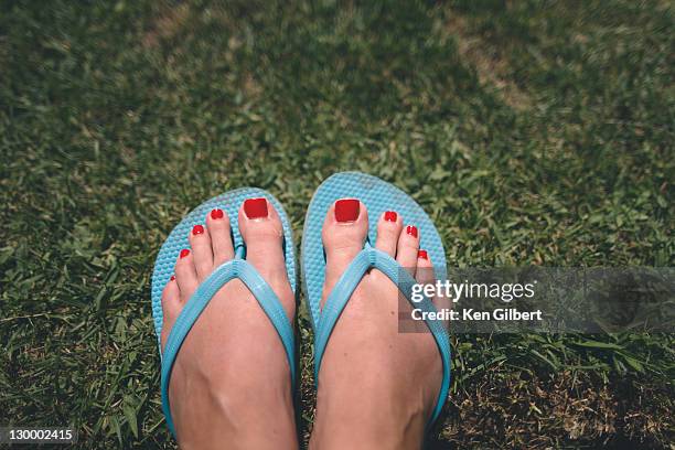 wman's pedicured feet in flipflops rest on grass - badelatsche stock-fotos und bilder