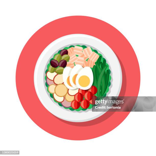 niçoise salad overhead icon - seared tuna salad stock illustrations