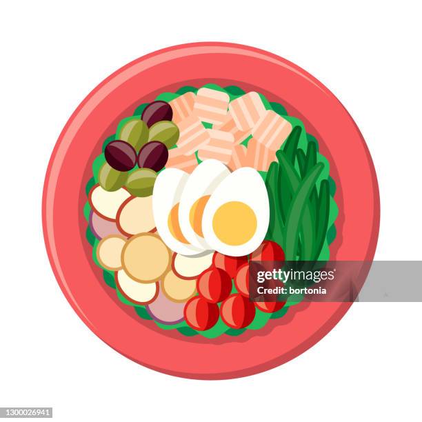 niçoise salad overhead icon - seared tuna salad stock illustrations