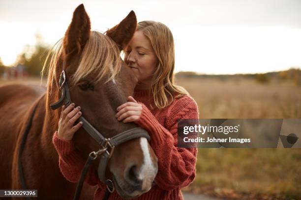 woman stroking horse in farm - horse riding countryside stock pictures, royalty-free photos & images