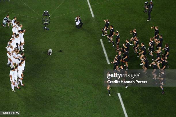 The All Blacks perform the Haka during the 2011 IRB Rugby World Cup Final match between France and New Zealand at Eden Park on October 23, 2011 in...